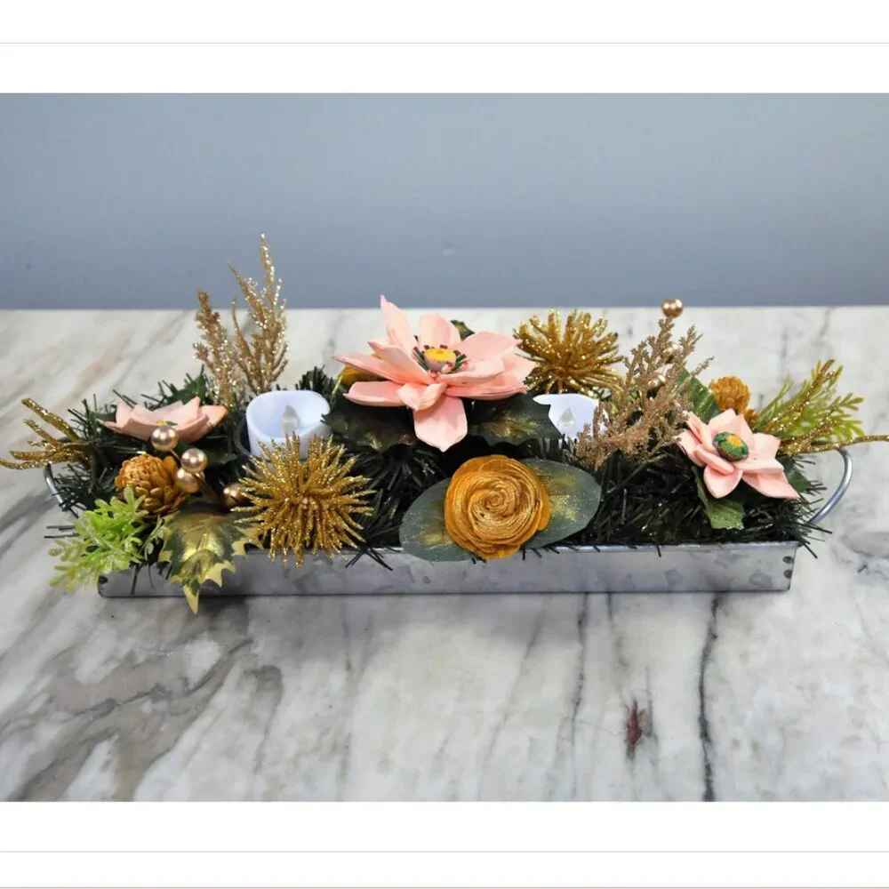 Festive Centerpiece! Galvanized metal tray w/salmon sustainable Sola Poinsettias